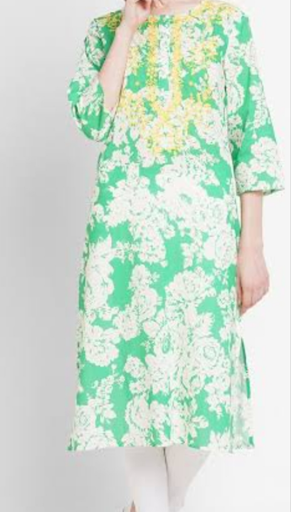 Floral print straight kurtha with yellow embroidery