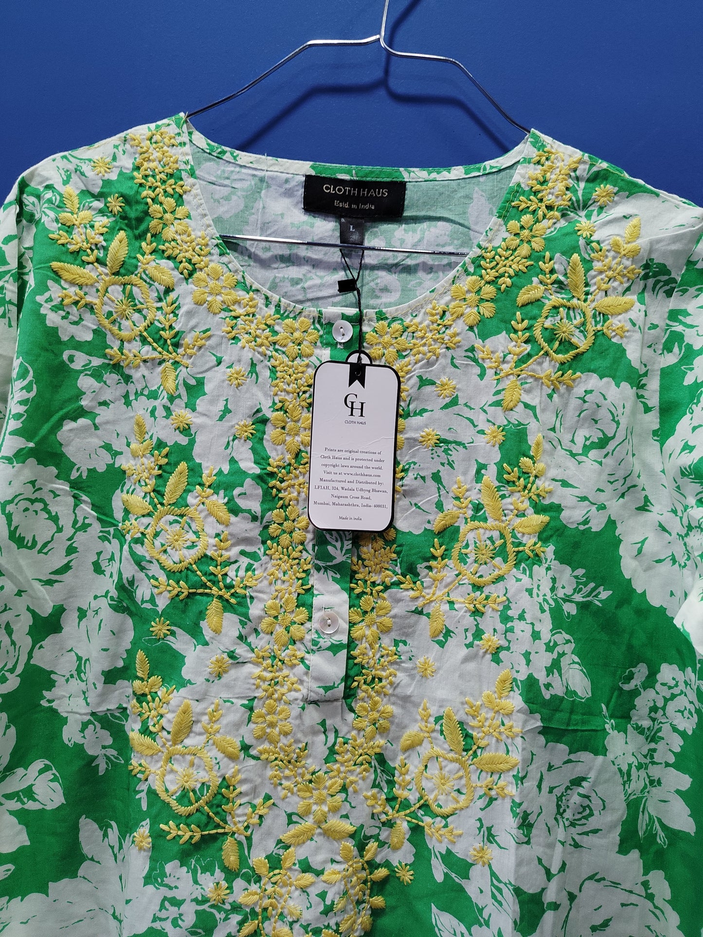 Floral print straight kurtha with yellow embroidery