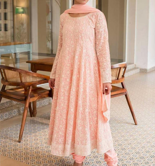 Pink Embroidered Georgette Anarkali Suit Set